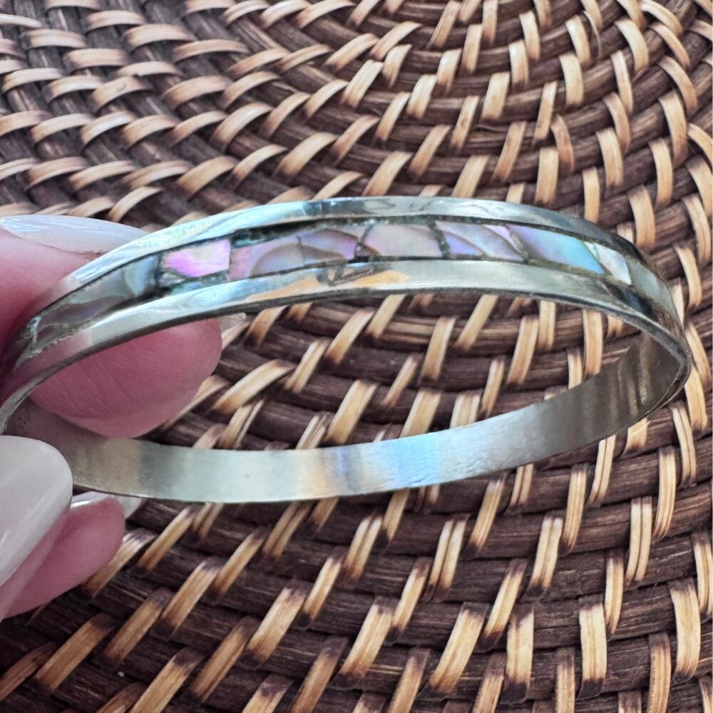 Abalone Shell Inlay Sterling Silver Round Bangle Bracelet Mexico Vintage - Picture 6 of 9
